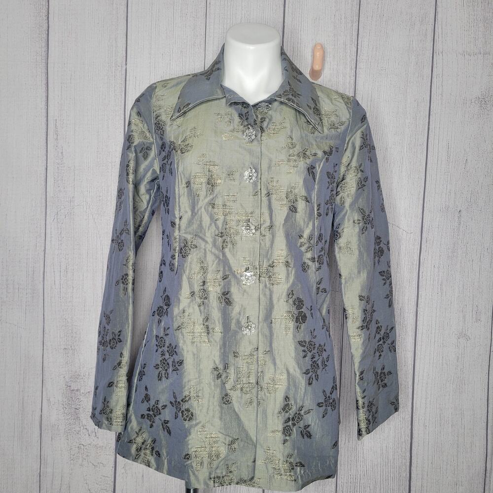 Frances Francis Pearlescent Floral Green 100% Silk Riding Jacket Womens XS
